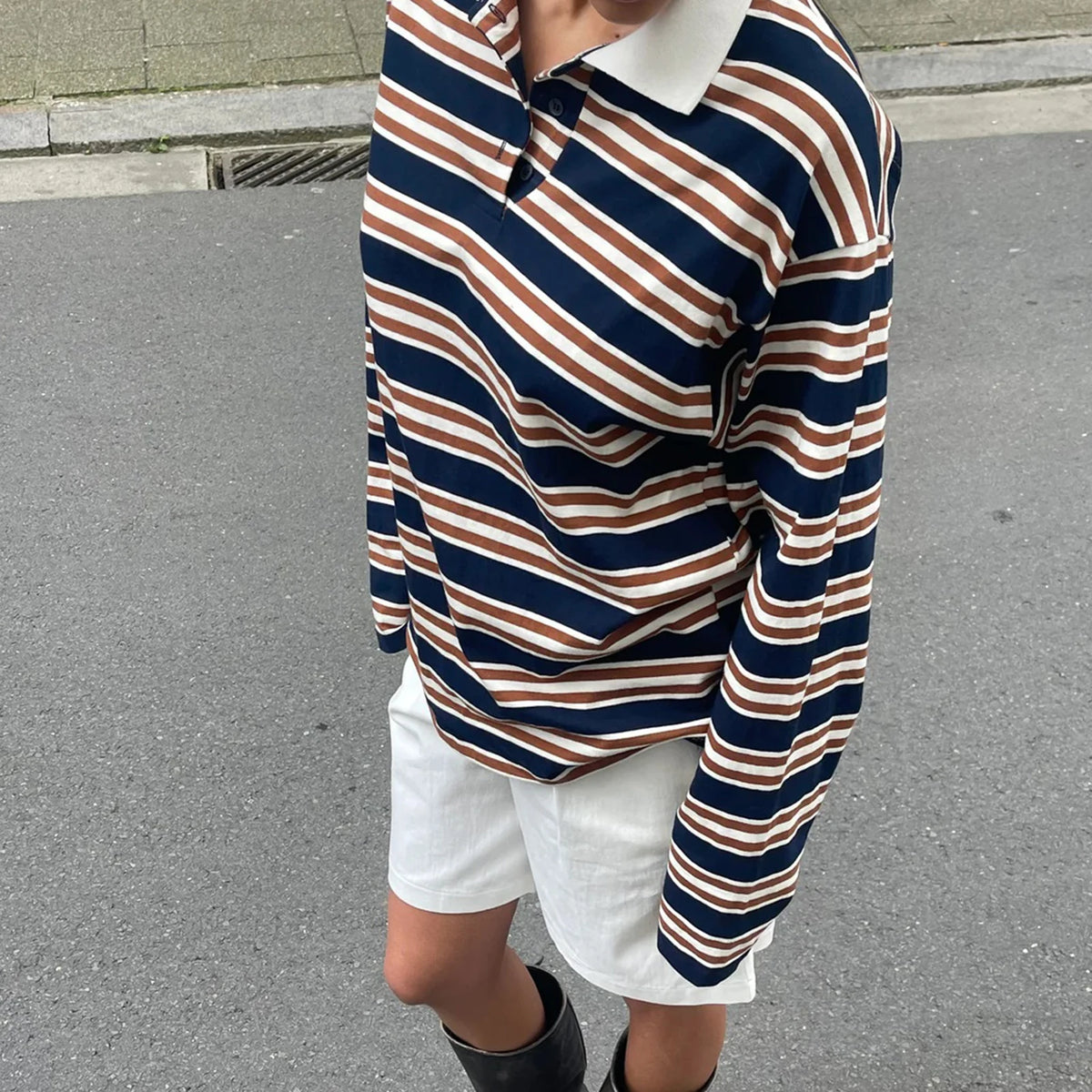 New Fashion Women T-Shirt Long Sleeve Turn Down Collar Stripes Fall Tops Streetwear For Casual Daily Hot Sale S M L