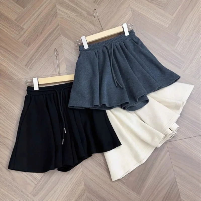 Women High Waist Drawstring Skort Solid A Line Wide Leg Casual Sports Pleated Shorts
