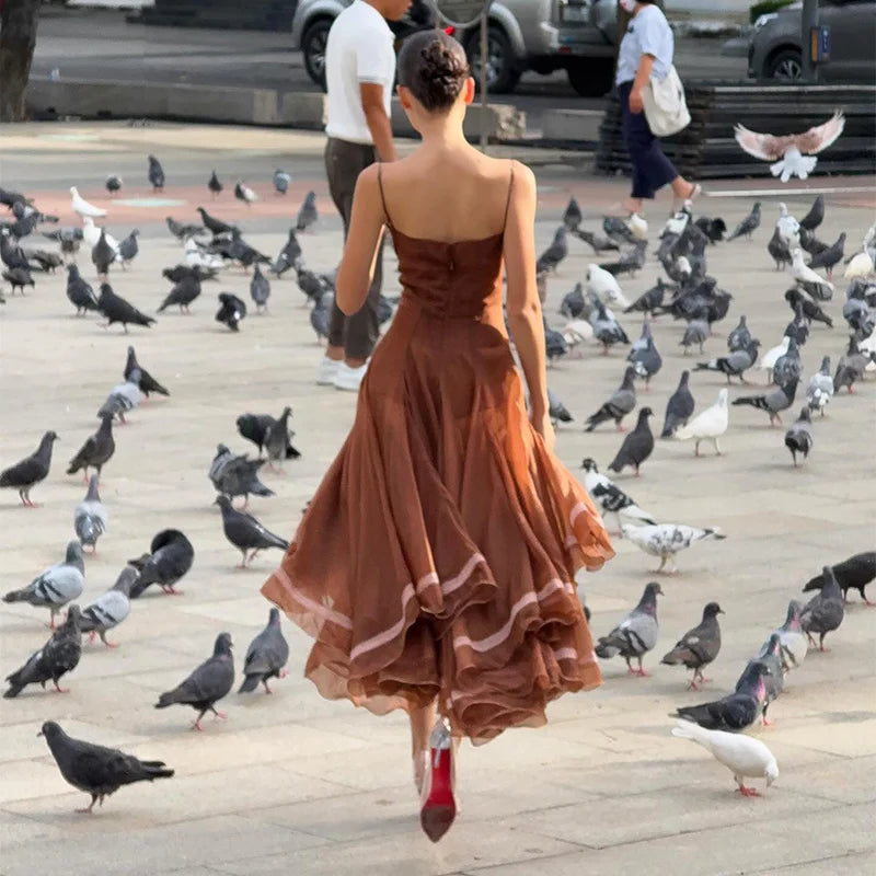 Elegant Pleated Women's Dress Sleeveless Backless Patchwork Waist-Closed Ruffle Hem Sling Maxi Dresses 2026 Summer Female Robe