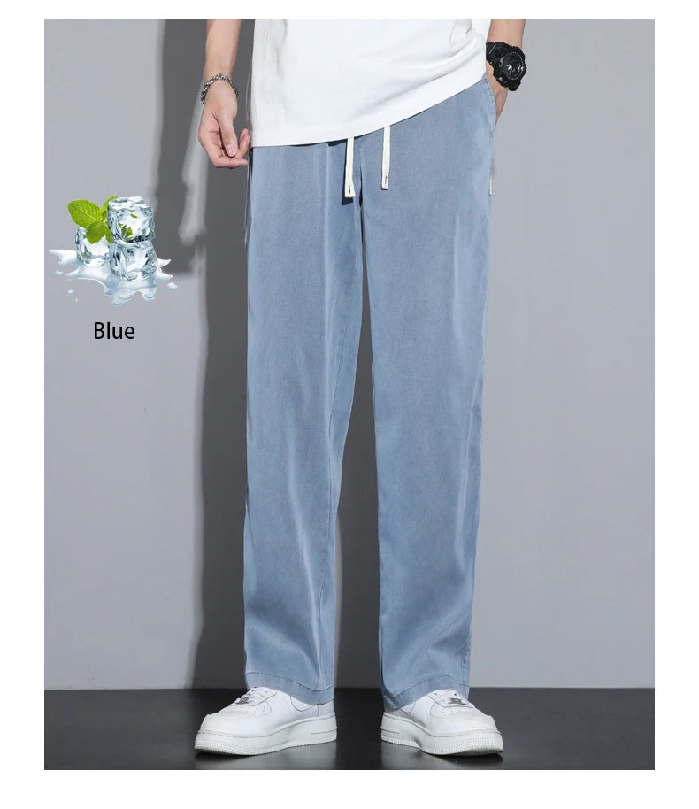 Summer Soft Lyocell Fabric Men's Jeans Thin Loose Straight Pants Drawstring Elastic Waist Korea Casual Trousers Plus Size M-5XL