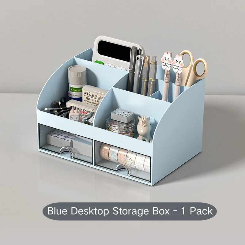 Desk Organizer with 2 Drawers, Multi-Compartment Plastic Desktop Storage Box for Stationery, Makeup & Office Supplies