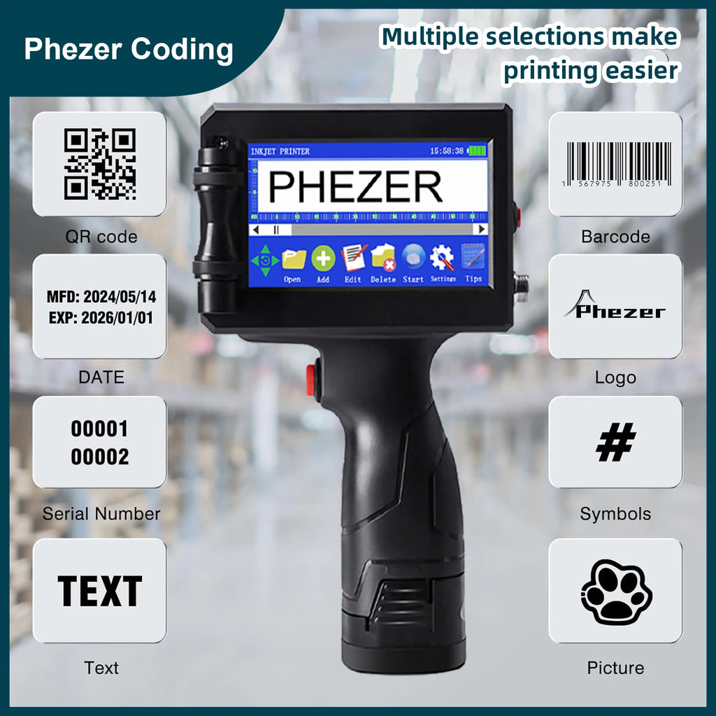 Phezer P15 12.7/25.4mm Handheld Inkjet Printer 28 Languages QR Code Barcode Batch Code Date Marking Expiration Date Coder