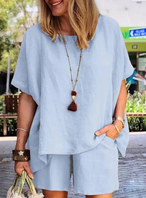 Ladies Shorts Suit Fashionable Summer Women's Elegant Solid Color Pullover Loose Cotton Linen Short Sleeved Shorts Two-piece Set