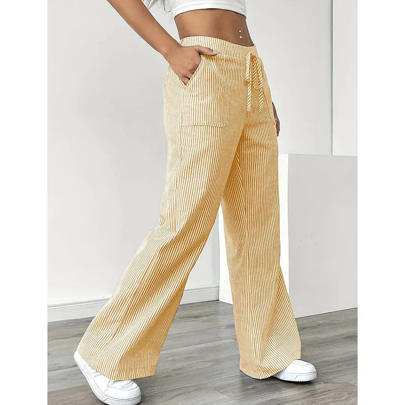 American Style Retro Vertical Stripe Drawstring Wide Leg Pants High Waist Dipping Loose Straight Casual Pants