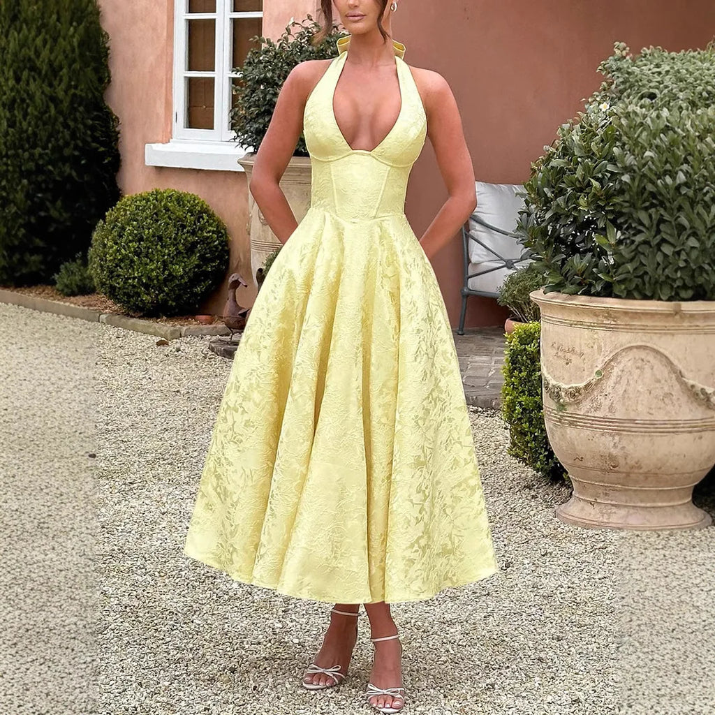 Puss Deep V-Neck Halter Dress Woman Summer Jacquard High-end evening dress Backless Elegant Patchwork Solid Party Sexy Vestidos