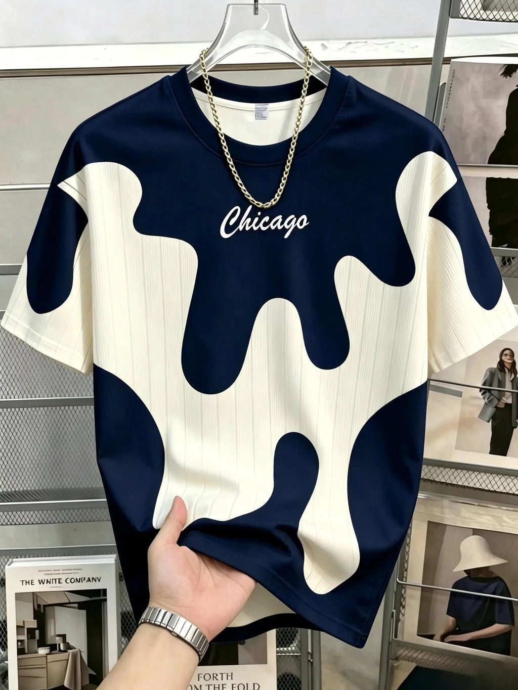 Fashionable new men's summer Chicago letter ink printed soft and breathable round neck T-shirt outdoor urban leisure sports top