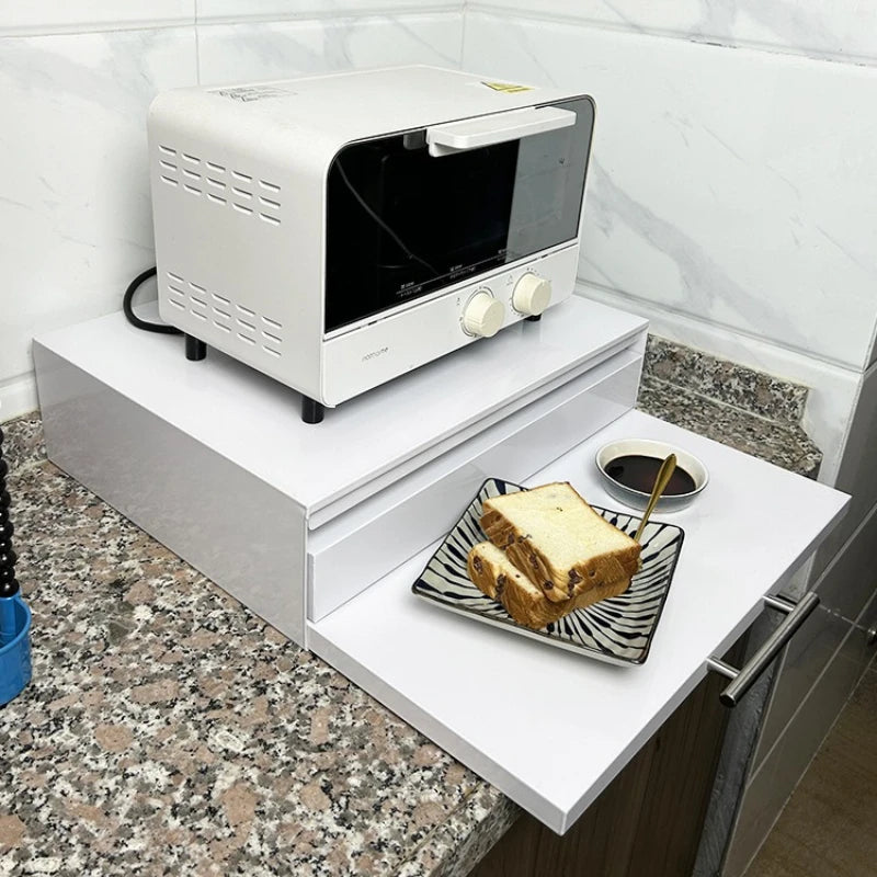 Pull-Out Kitchen Organizer Drawer Microwave Shelf with Extendable Board Countertop Oven Storage Rack Space-Saving Prep Station