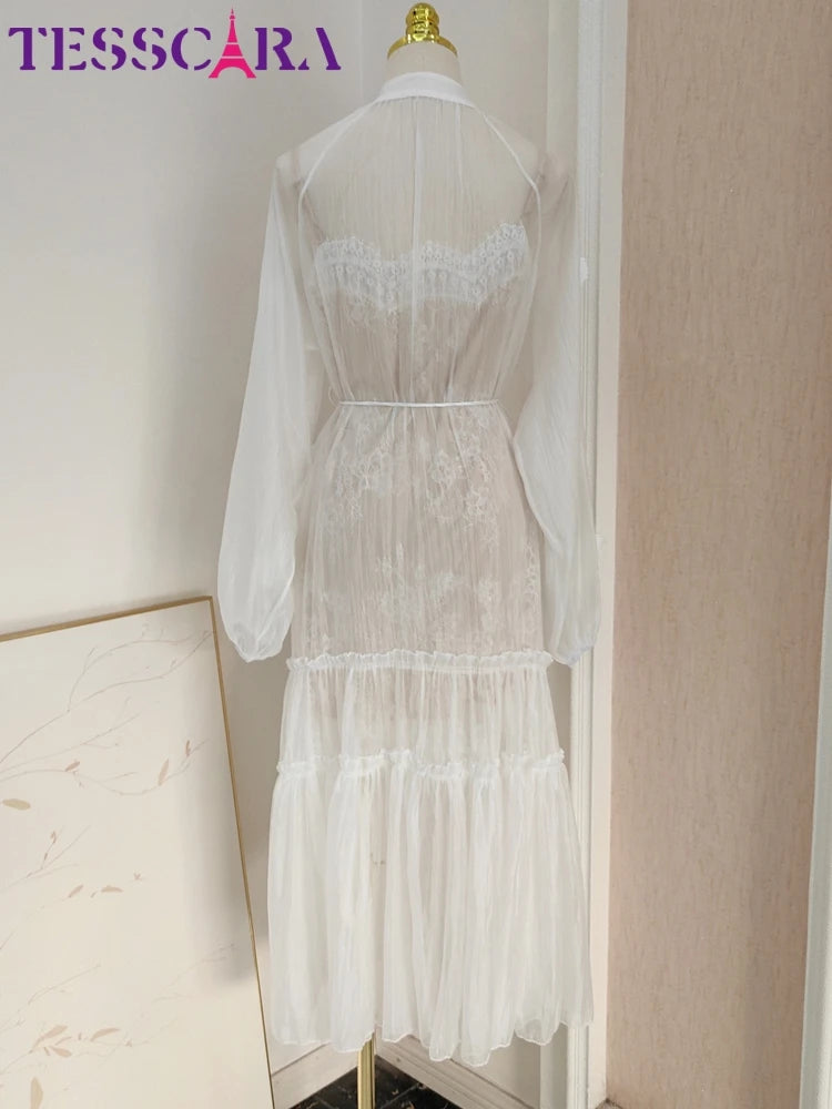 TESSCARA Women Elegant Appliques White Dress High Quality Long Luxury Wedding Cocktail Party Robe Vintage Designer Mesh Vestidos