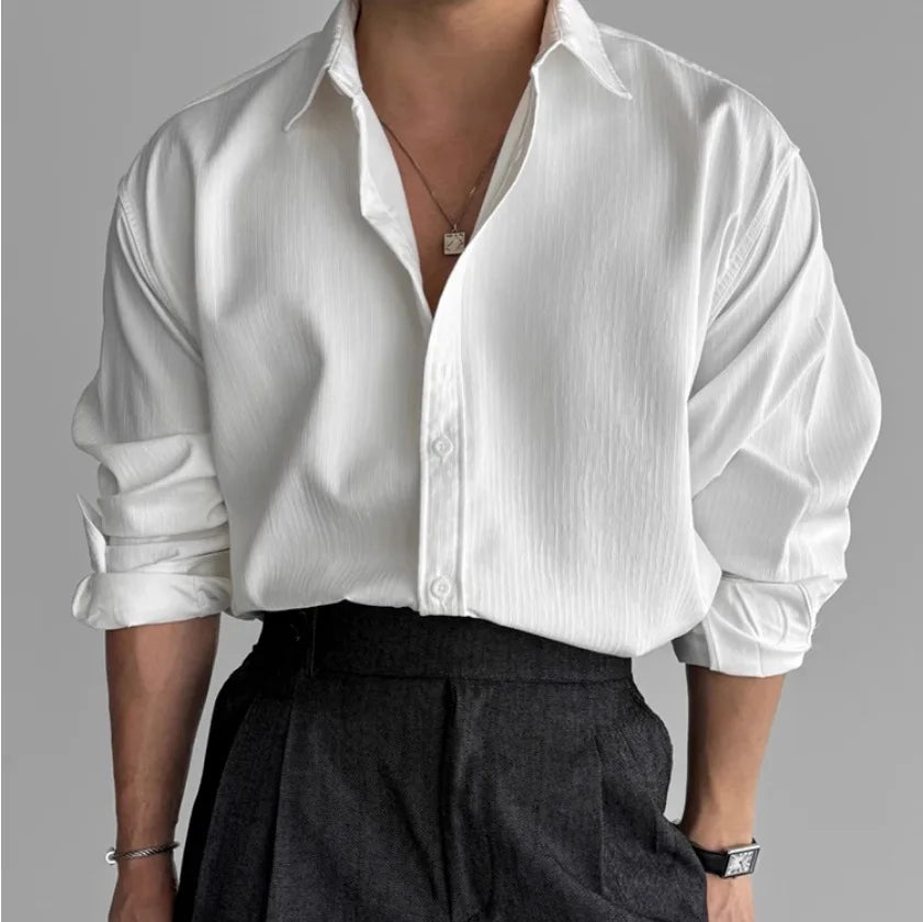 Men's High-quality Business Casual Shirts，High-end Texture Solid-color Shirts, Breathable  Loose Long-sleeved Shirts for Spring