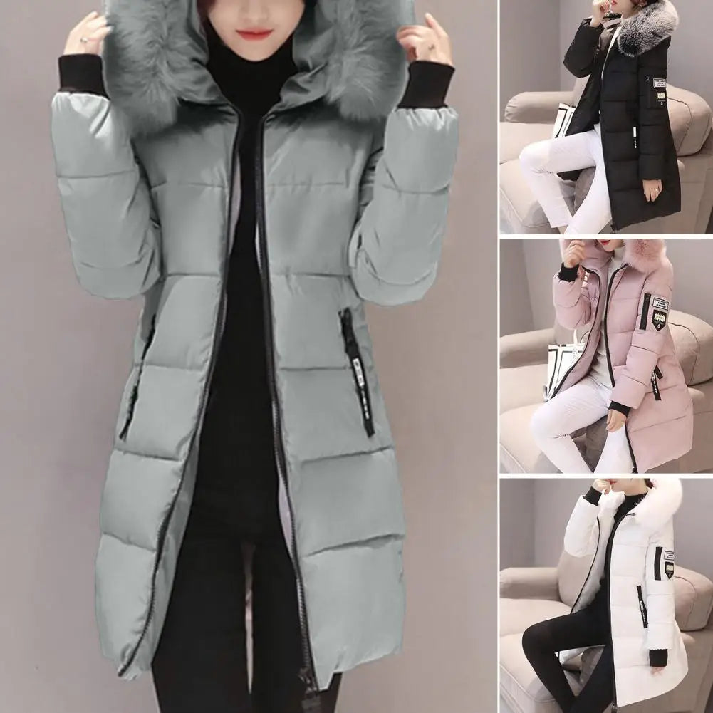 Fashion Women Winter Cotton Coat Parka Thickened Padded Stuffed Hooded Mid Length Warm Zip Up Slim Lady Down Coat Long Overcoat