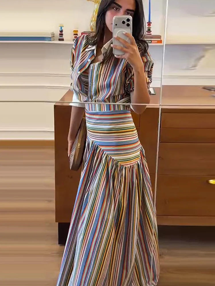 Multicolor Striped Shirt 2 Picec Set Button Front Blouse High Waist Flared Hem Maxi Skirt 2026 Summer Elegant Lady Vacation Suit
