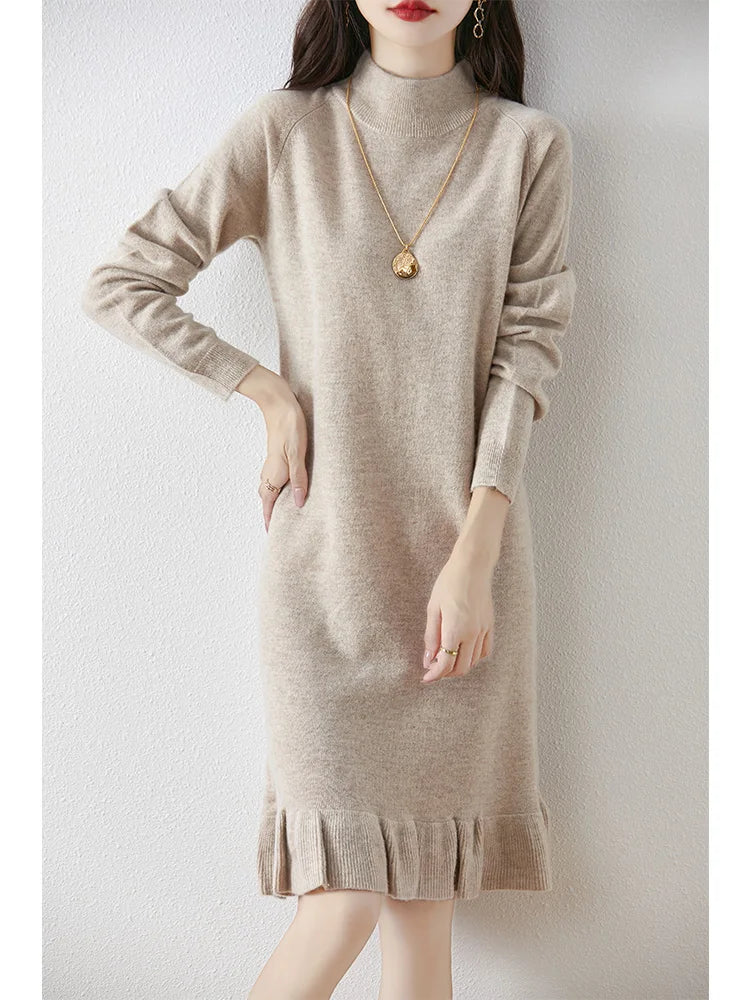 Women's Pure Wool Knitted Dress, High Collar, Pleated, Casual, Fashionable, Warm, 2024 Autumn And Winter