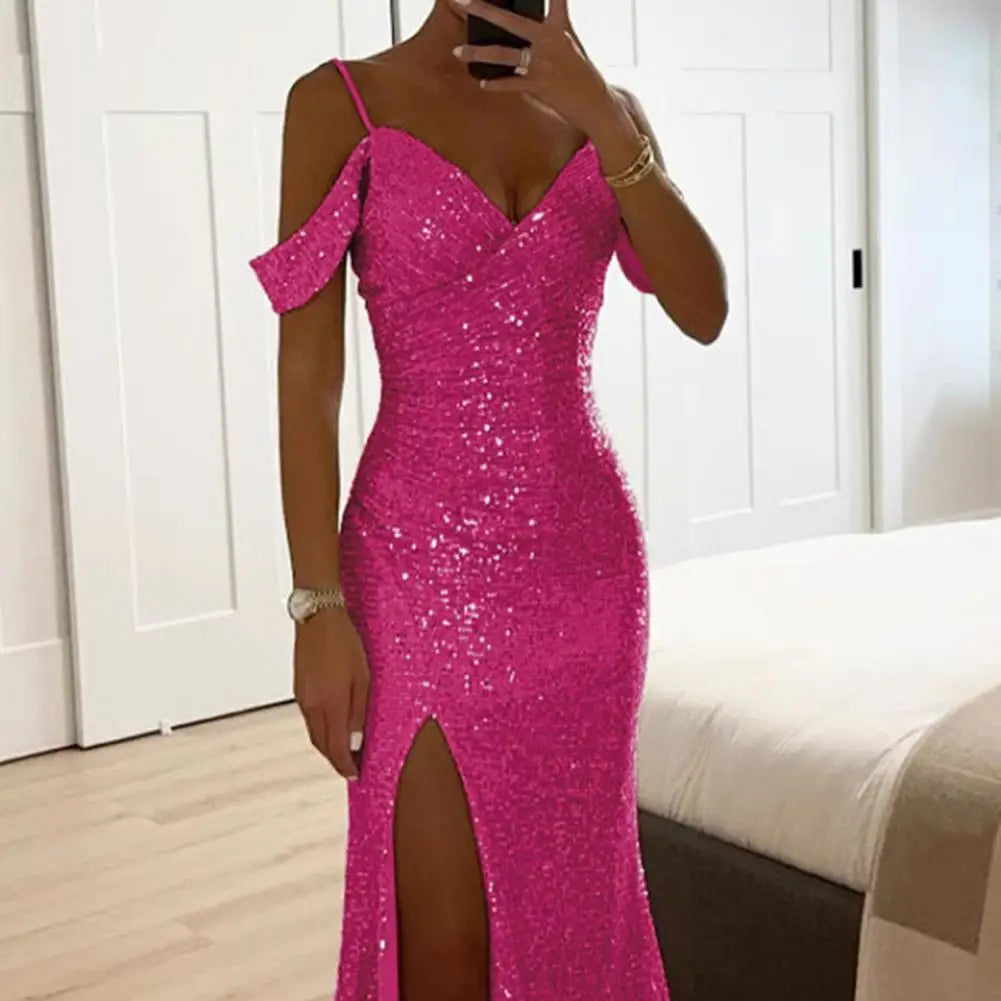 Women Sequin Suspender Dress Off Shoulder V Neck Side Slit Evening Dress Floor Length Sequin Ball Gown Banquet Maxi Dress 80%