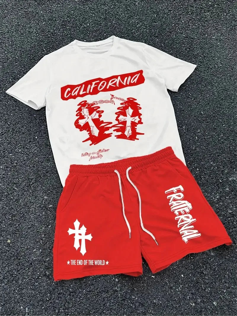 The 2025 Summer New Men's Set Features Street Hip-Hop Casual Fashionable Comfortable and Soft 3D Cross Pattern Print