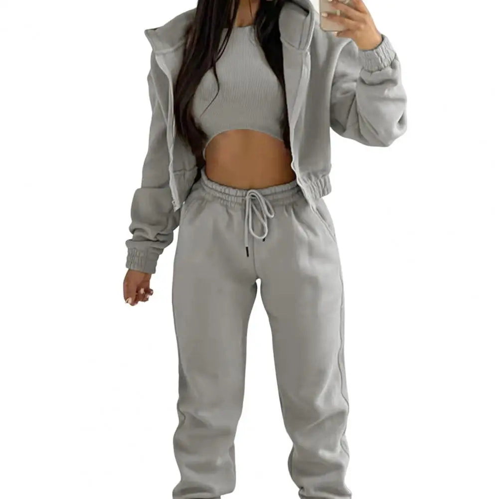 Autumn Winter Outfit Women Polyester Outfit Set 3 Piece Women’s Sweatsuit Set Fleece Zip-up Hoodie Jogger Sweatpants for Fall