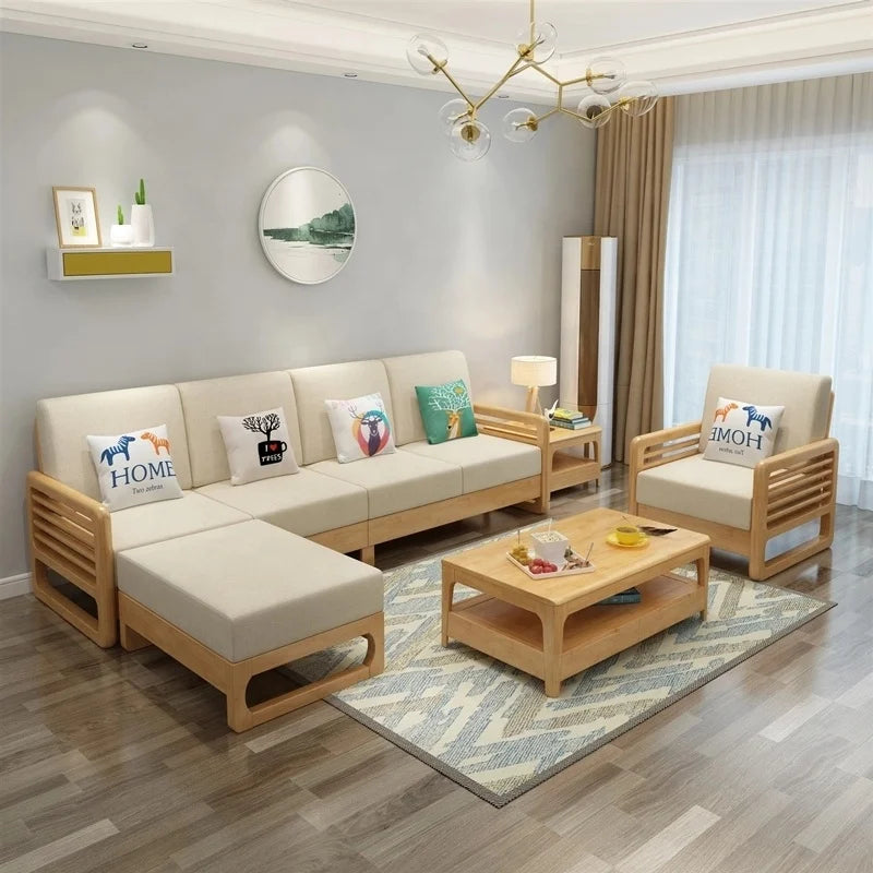 New Design Living Room High End Wholesale Customization Home Furniture Set Modern Solid Wood Frame Fabric Sectional Wooden Sofa