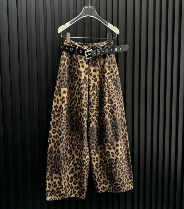 Wide Leg Leopard Print Pants Full Length Ins Style with Streetwear No Stretch Regular Thickness Belt Mid Waist Women Pants