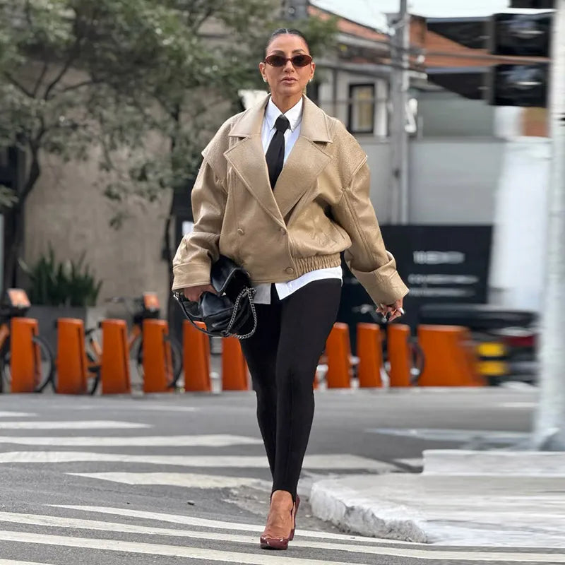 High Street Leather Jackets Women's Casual Double-breasted Turn Down Collar Loose Coats Elastic Waist 2026 Autumn New Outwear
