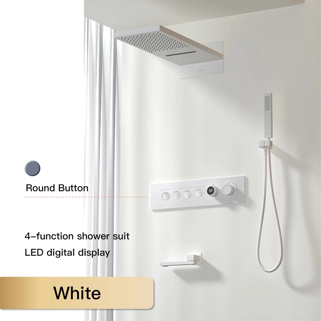 Luxury Black Brass Shower System, Wall Mounted Led Digital Display, Cold Hot Dual Control, Four Function Ceiling Shower Tap