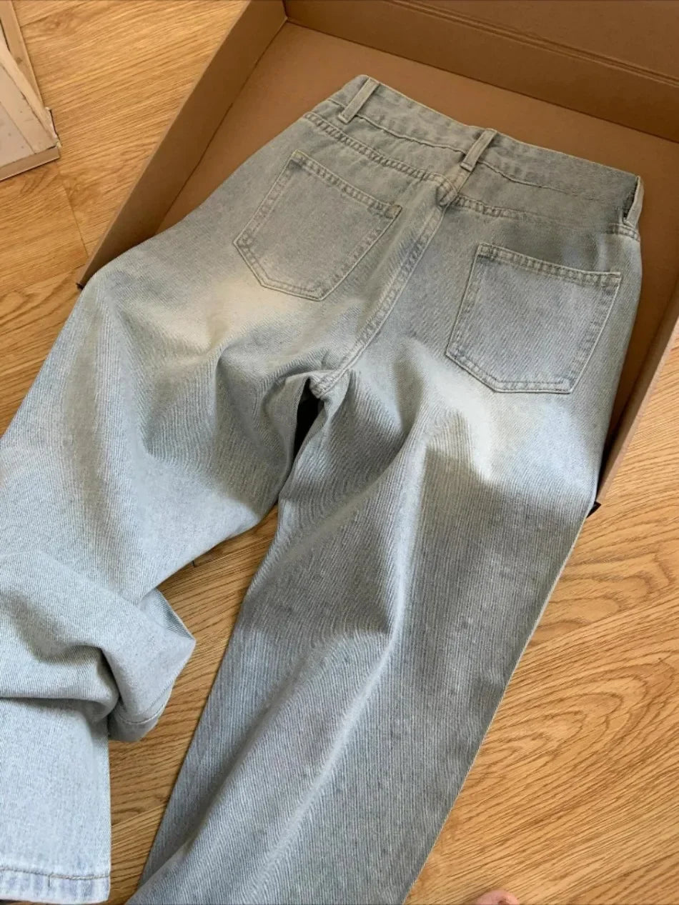 Spring Autumn Women Light-colored Stars Rhinestone Shiny Slim Wide-leg Baggy Jeans Fashion Joker Straight Pants Female Clothing