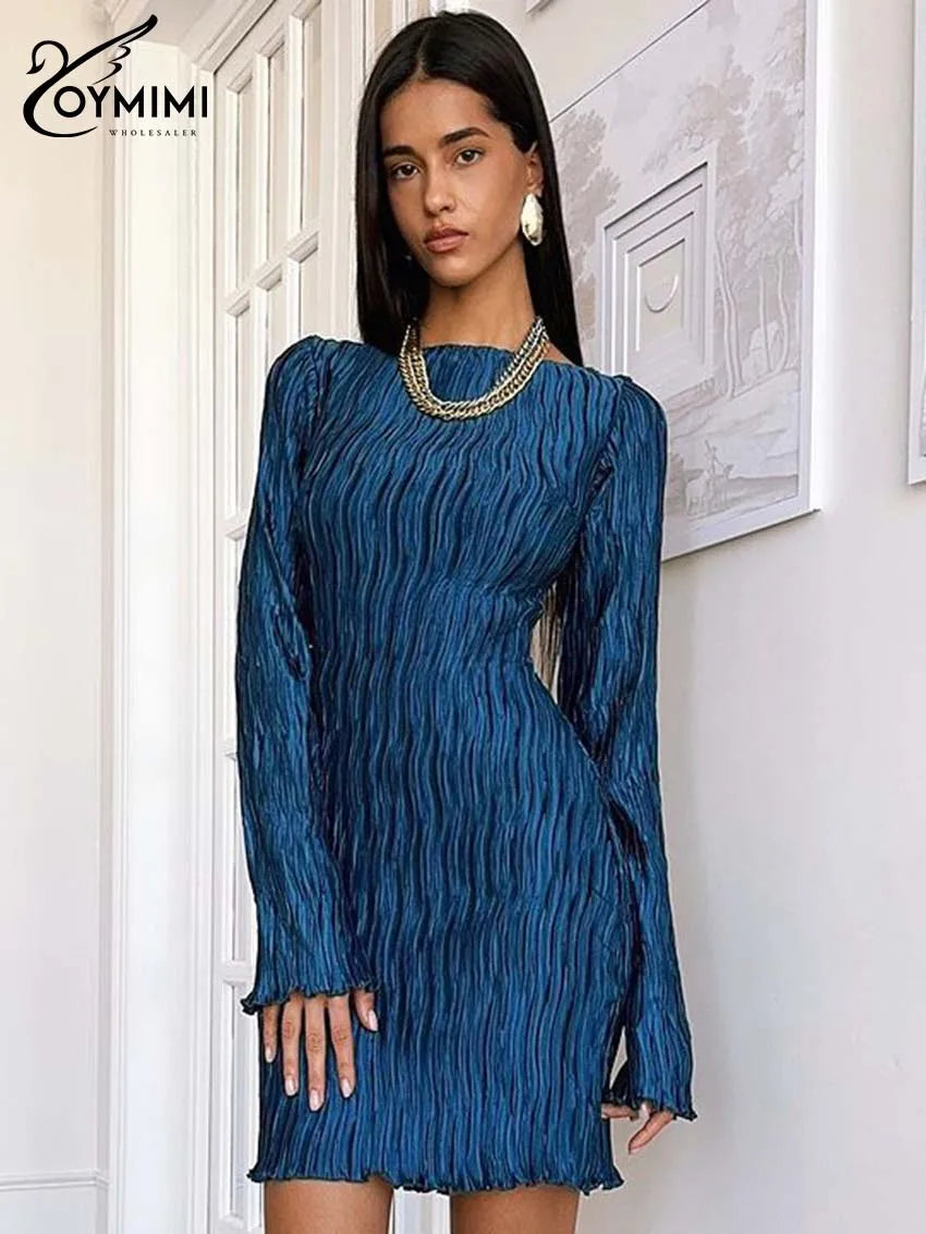 Oymimi Elegant Brown Pleated Women's Dress Fashion O-Neck Long Sleeve Slim Dresses Casual Straight Mini Dresses Female Clothing