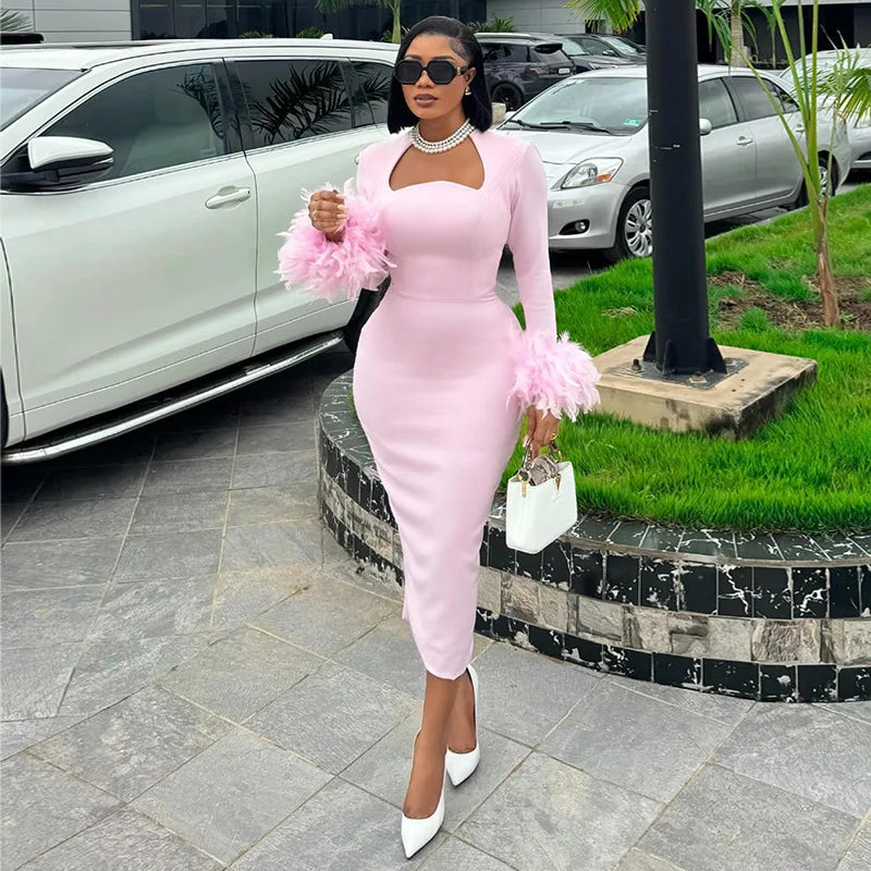 CM.YAYA Women Feather Hem Flare Long Sleeve Bodycon Mid-calf Length Dress 2024 Fall Winter Birthday Vestidos Party Even Dresses