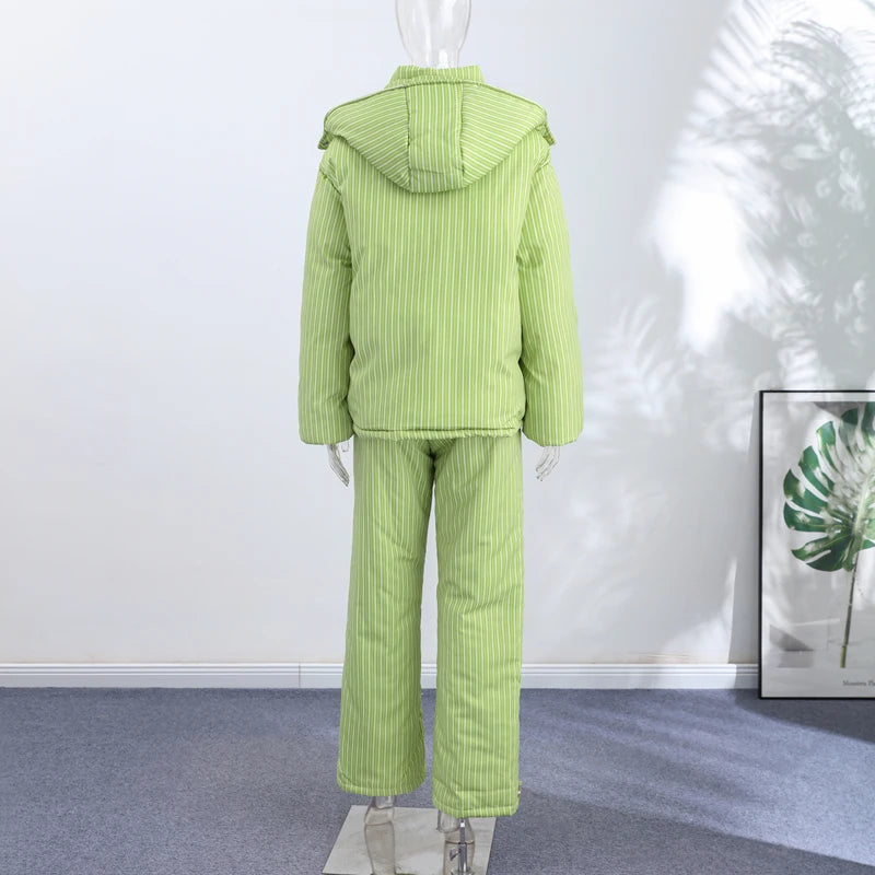 Casual Women's Stripe Set With Hat Full Sleeve Cotton Padded Coat Straight Pants Female Loose Sets 2026 Autumn Winter Lady Suit
