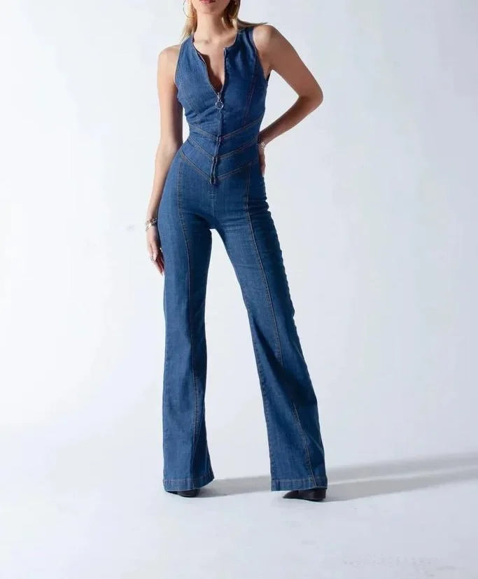 Fashion Denim Jumpsuit Women's Sexy New Tank Slim Sleeveless High Waist Hollow Zipper Backless Love Jumpsuits Streetwear Women