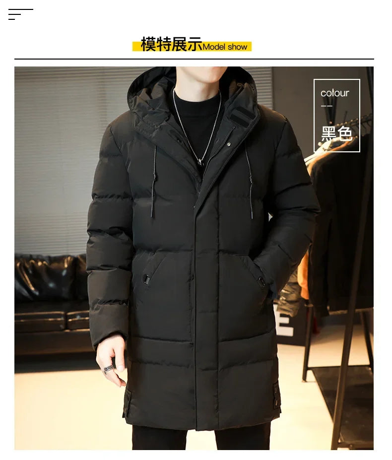 2023 Warm Hooded Mid-length Jacket Mens Casual Zip Up Cotton Padded Jacket Overcoat Autumn Winter Windbreaker Coats Men Clothing