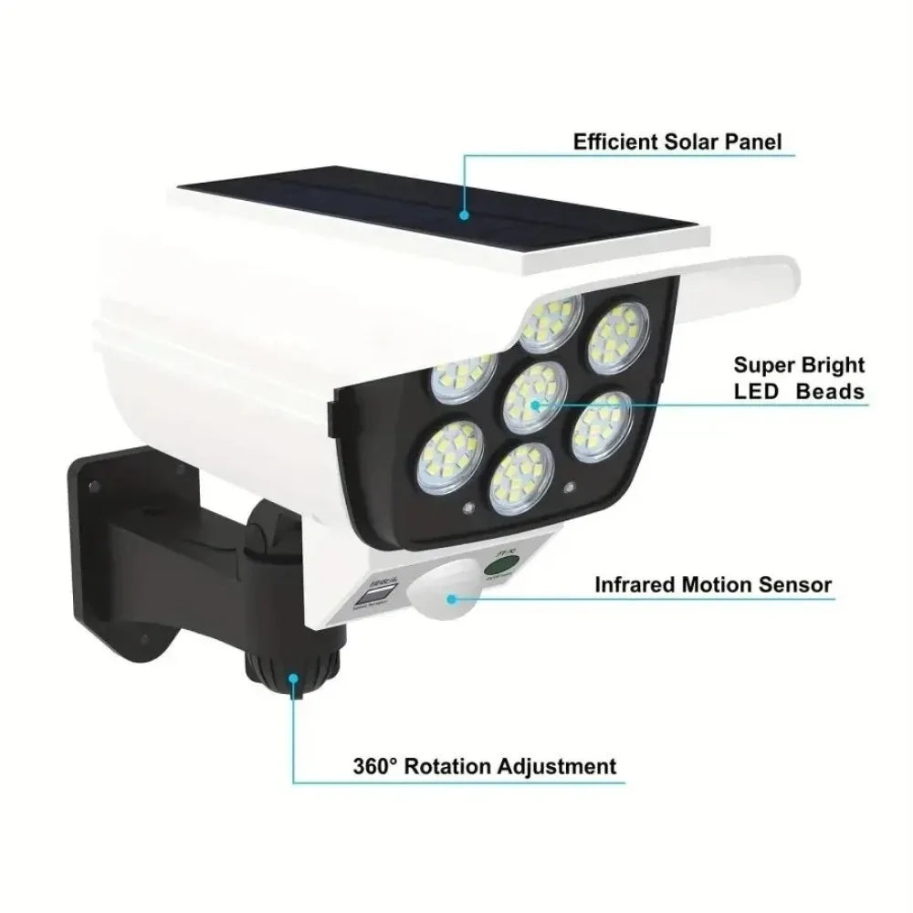 Outdoor Motion-Sensor Solar Light 77 LED Flood Lights Security Camera Ideal for Porches, Gardens, and Patios