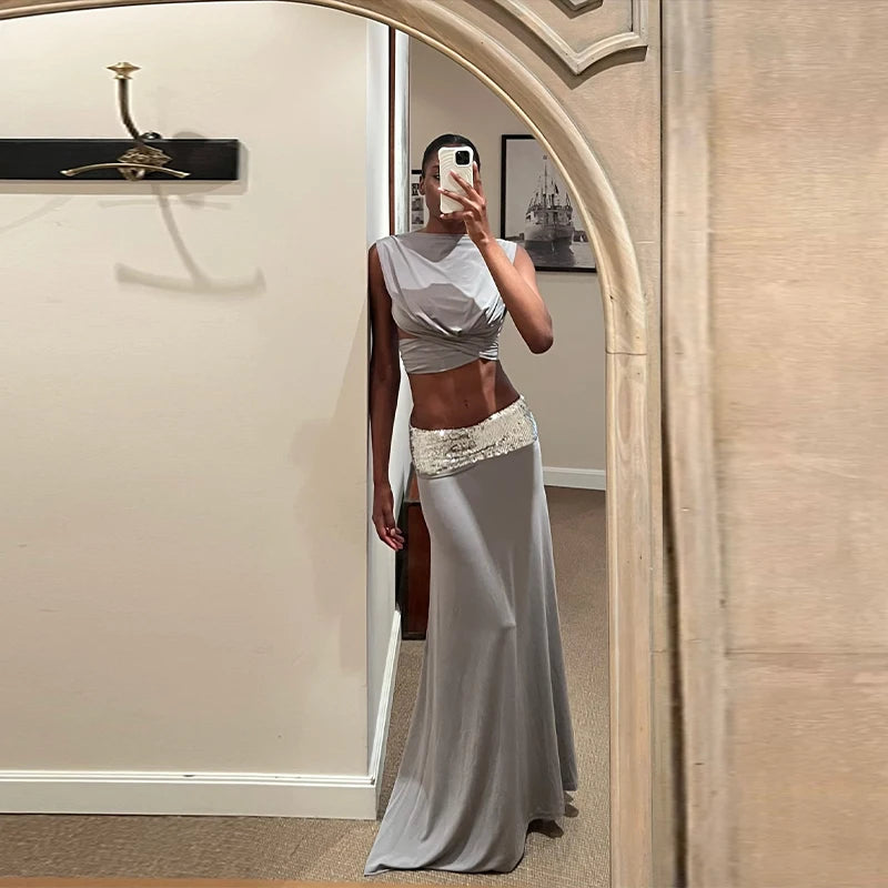 Elegance Boutique Maxi Party Dress Women's Hollow Back Lace Up A Line Gown Outfits 2026 Sexy Shaping Crops 2 Piece Set Vistidos
