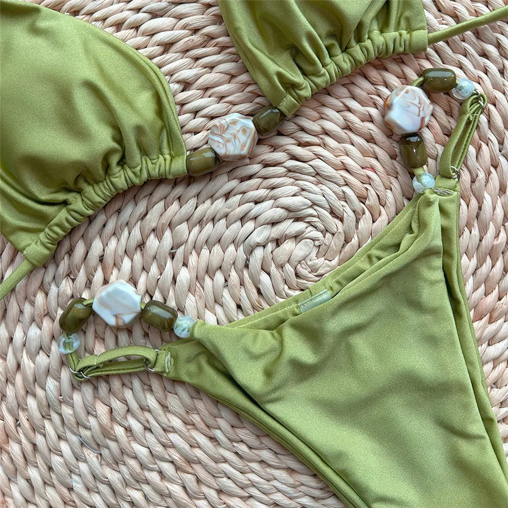 Solid Green Swimwears Sexy Halter Triangle Bead String Bikini Mini Micro Thong Swimsuit Woman 2026 Summer Brazilian Bikinis Sets