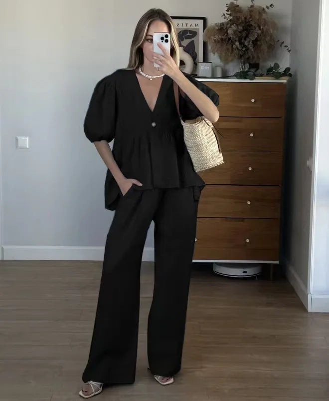 Elegant Solid 2 Piece Sets Women New Fashion Puff Short Sleeve V-Neck Button Top Wide Leg Pants Suit Casual Streetwear Outfit