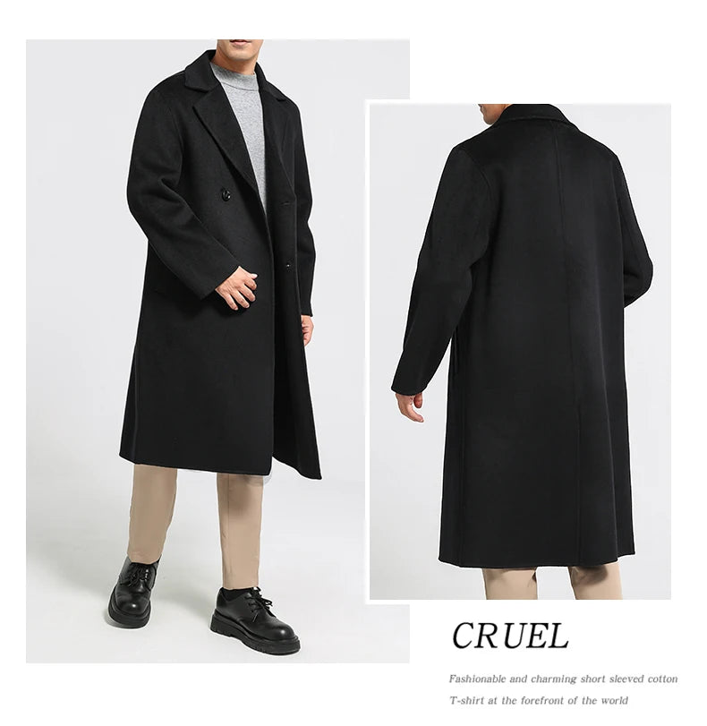 Men's 100% Cashmere Thick Double-Sided Extended Coat, Classic and Versatile Fashion for Business and Leisure
