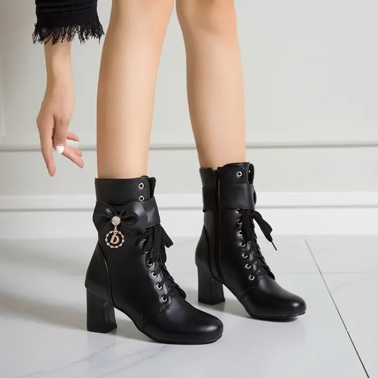 Winter Fashion British Style Round Head High Heels Women Boots Black White Pink Sweet Butterfly-Knot High Heels Women Boots