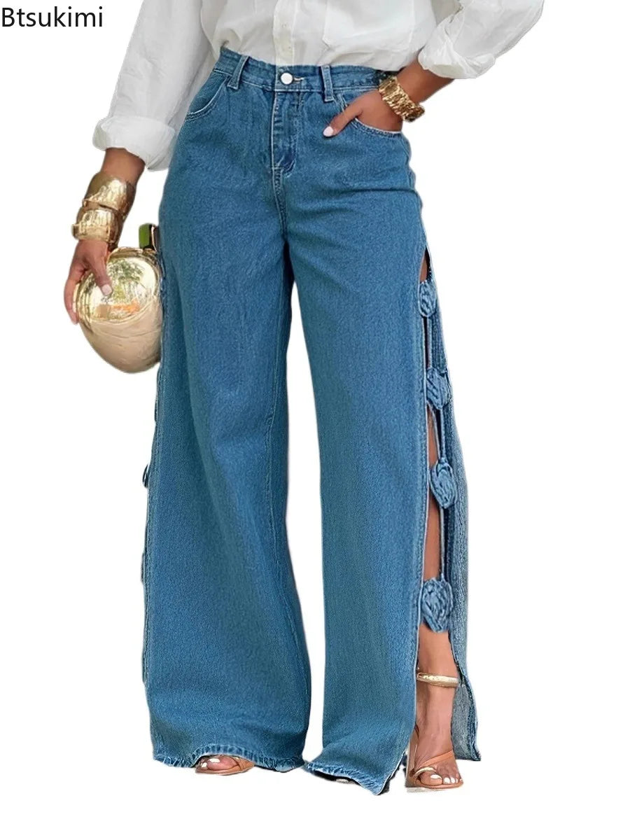 New Women's Jeans Patchwork High Waist Washed Distressed Loose Wide Leg Trousers Fashion Hollow Out Streetwear Retro Denim Pants
