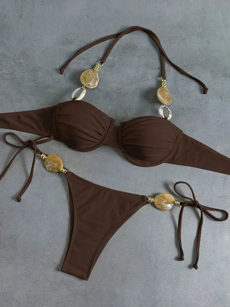 New Women's Sexy Halter Neck Backless Bikini Set Two-Piece Swimwear Solid Color Euro American Style Summer Beach Fashion