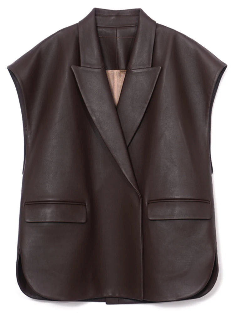 Lautaro-Women's Light Soft Faux Leather Vest, Lapel, Elegant, Luxury, Designer, Sleeveless Jacket, Spring, Autumn Fashion, Black