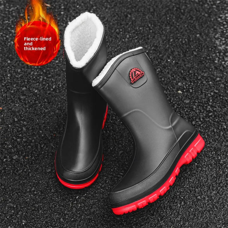 Men's Winter Fleece Lined Mid-Calf Rain Boots Anti-Slip Waterproof Work Rubber Boots Car Wash Fishing Outdoor Wear Water Shoes