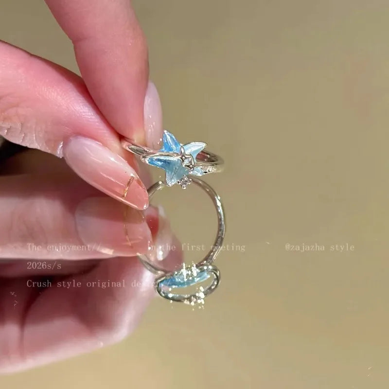 Sweet Blue Starfish Shell Rings for Women Girls Fashion Imitation Pearl Open Rings Summer Ocean Vacation Jewelry Accessories