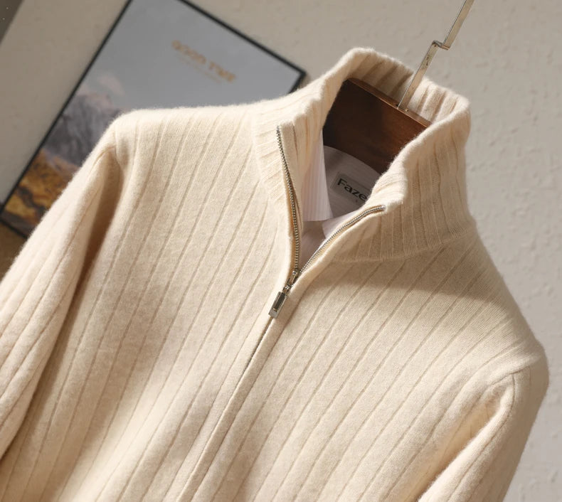 Men's Coat Winter Thickened New 100% Merino Wool Sweater Business Casual Zipper Lapel Cardigan Long Sleeved Warm Knit Jacket