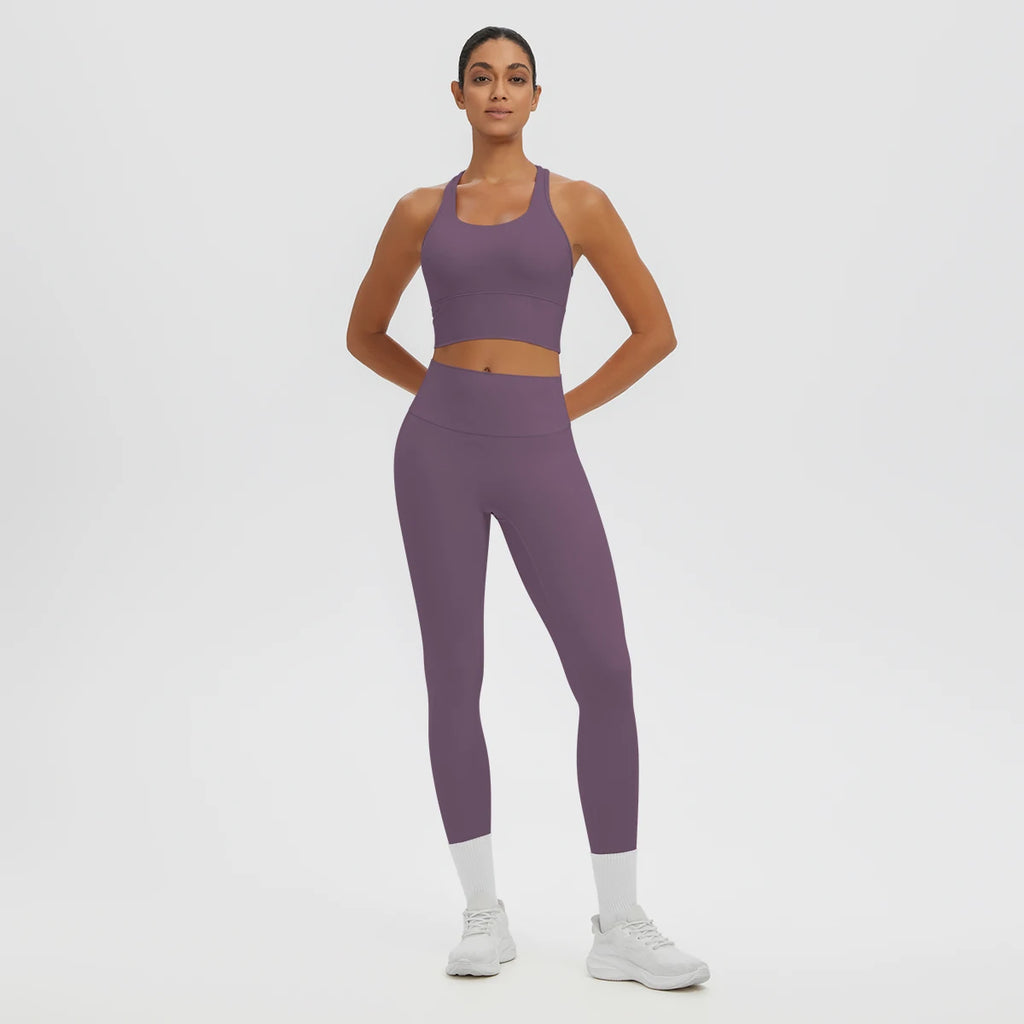 2PCS/set Gym Sports Yoga Suit for Women's Solid Color High Stretch Quick Drying Legging Yoga Pants Gather I-shaped Vest Yoga Set
