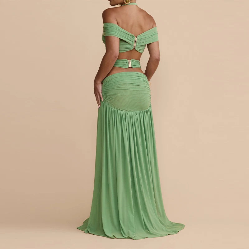 Elegant Sequin Floral Two Piece Set For Woman One Shoulder Crop Top + High Waist Cutout Mini Skirt Vacation Party Co-ord Set