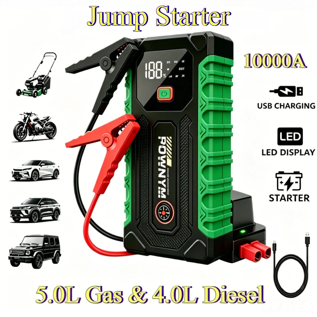 Car Jump Starter, 12V Auto Battery Booster, Up to 5.0L Gas/4.0L Diesel Engines, Portable Power Bank with Dual USB Ports, LED Eme