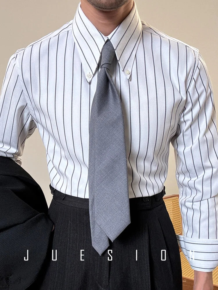 Anti-wrinkle Tianshan Cotton Italian Long Point Collar White Striped Shirt Men's Long Sleeve Casual Business Shirt