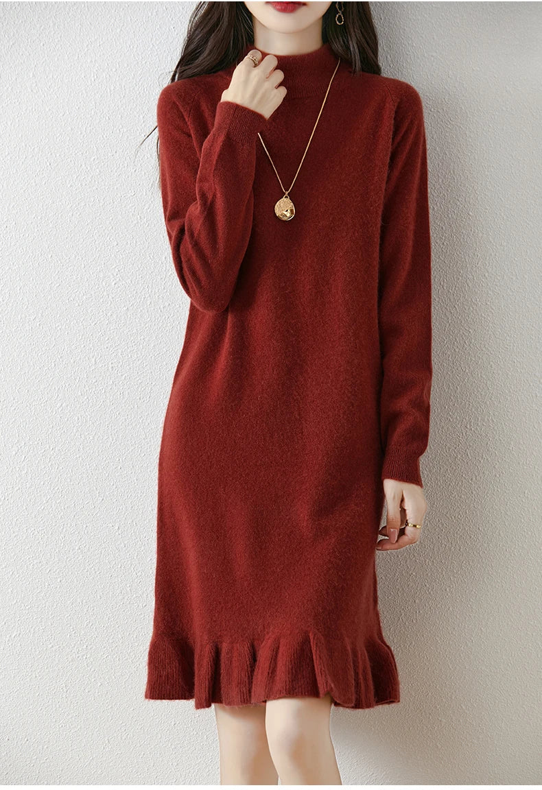 Women's Pure Wool Knitted Dress, High Collar, Pleated, Casual, Fashionable, Warm, 2024 Autumn And Winter