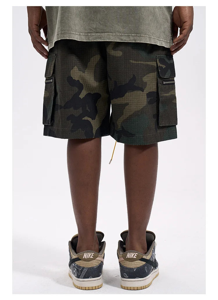 High Street Washing Trend Camouflage Tooling Shorts Men's Retro Casual Loose Summer Drawstring Versatile Trend Five-Point Pants