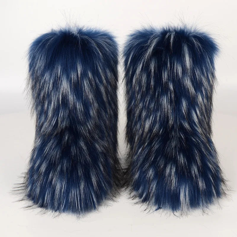 Women's Winter Snow Boots Outdoor Luxury Furry Faux Fox Fur Boots Woman Plush Warm Platform Shoes New Fashion Bottes Big Size 46