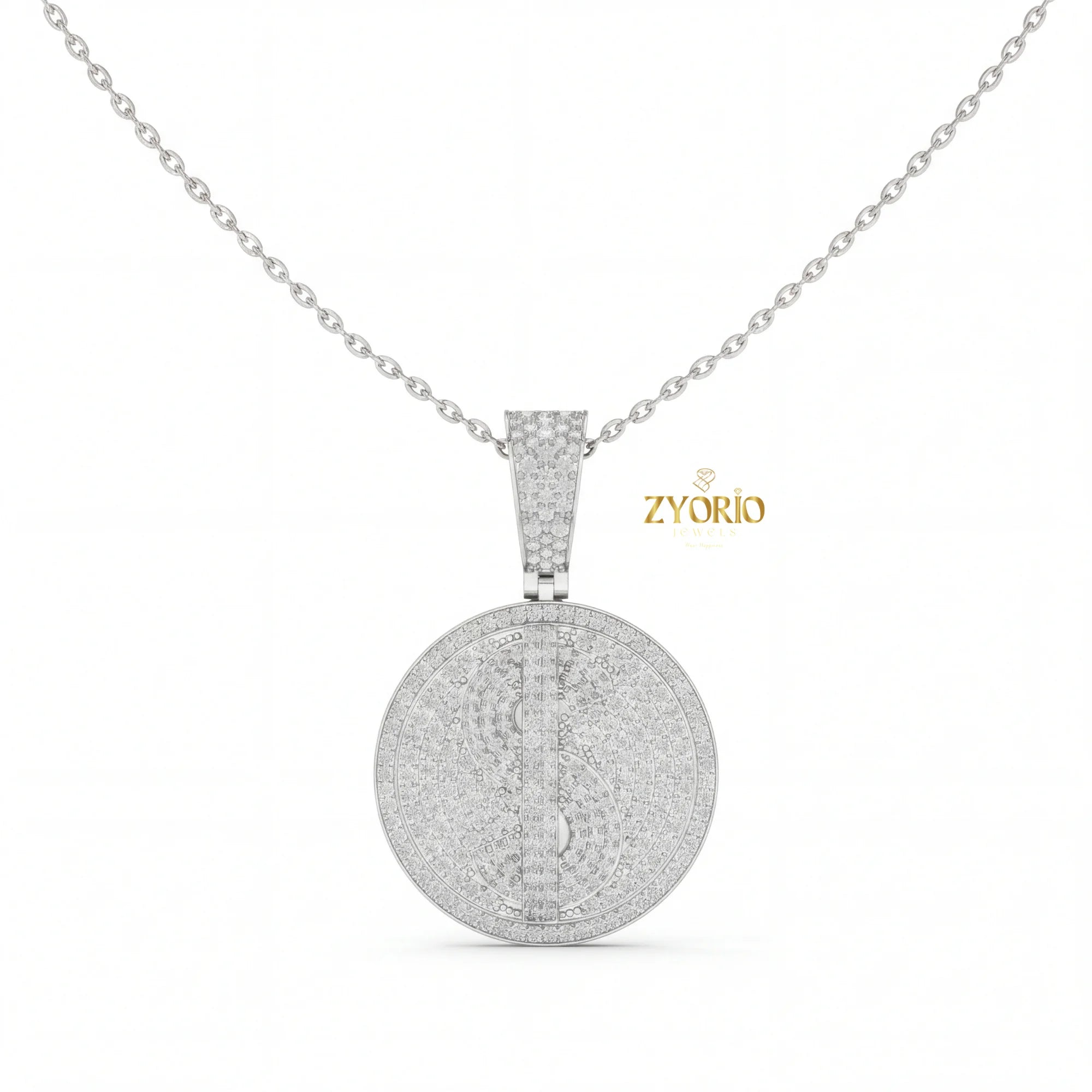 Women's Silver Minimalist Luxury Diamond Medallion Pendant Sparkling Gold Plated Modern Elegant Engagement Anniversary Wedding