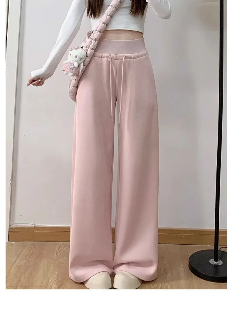 Women High Waist Drawstring Wide Leg Sweatpants Casual Loose Solid Color Straight Trousers Soft Sports Jogger Pants Streetwear